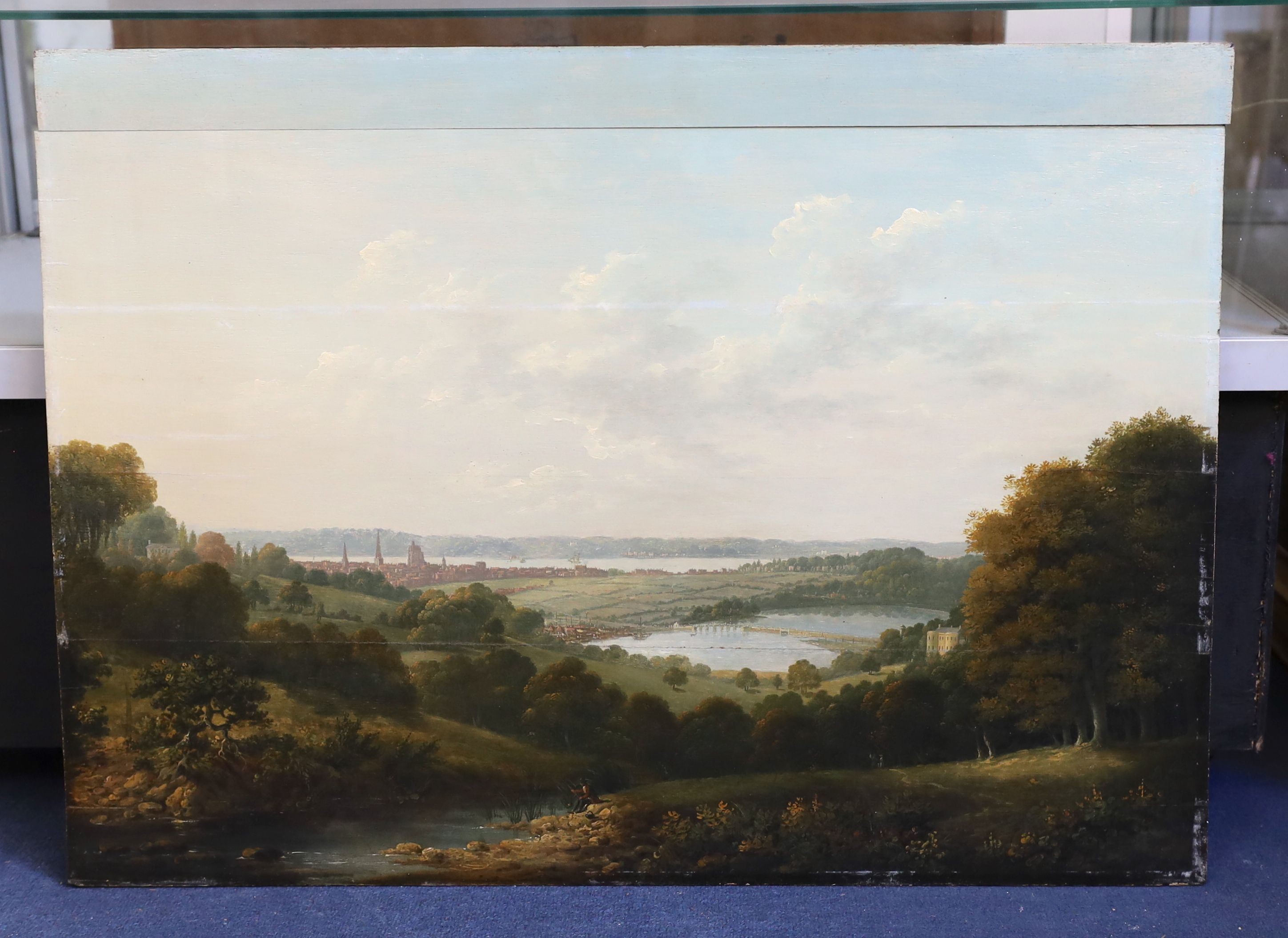 John Tobias Young (1755-1824), View of Southampton across the River Itchen with Southampton Water beyond, oil on wooden panel, 62 x 87cm